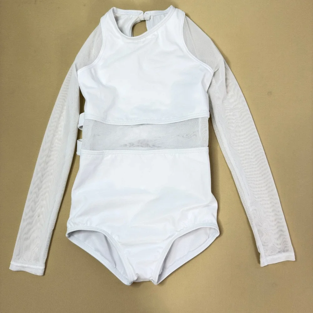 Balera‎ White Long Sleeve Mesh Double X-Back Dance Leotard IC Intermediate Child